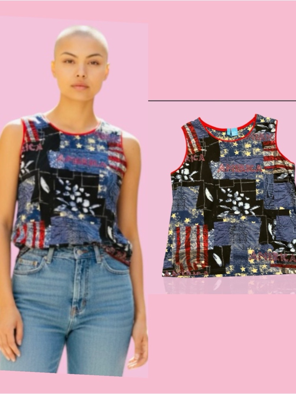 fresh Patchwork Flag Print Tank Top - Black/Blue/Red